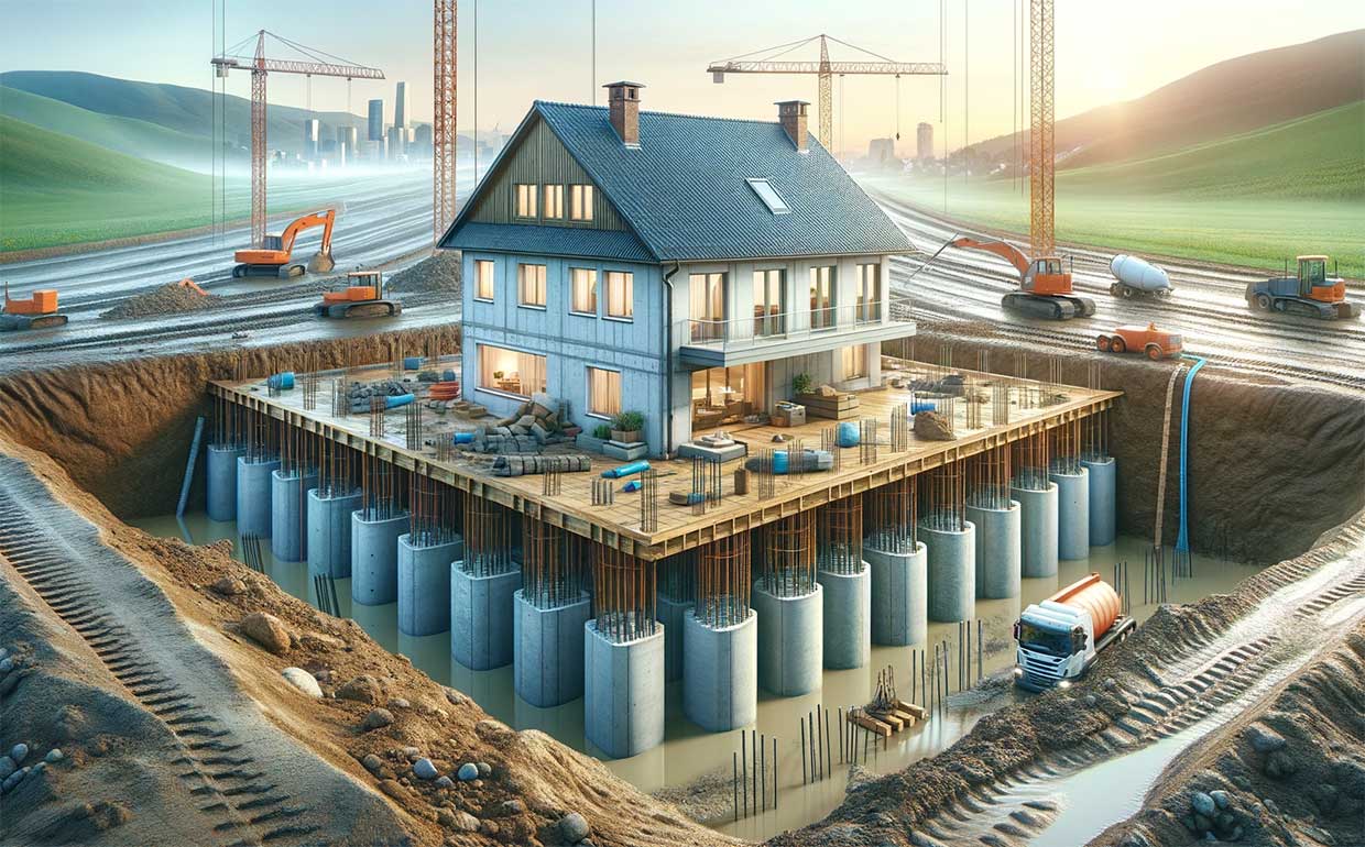 Image d'une fondation de maison renforcée avec des techniques de pieux d'acier,