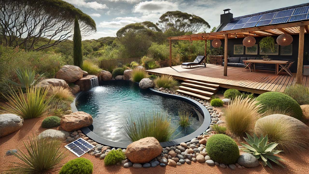 piscine rustique dans un cadre naturel, entourée de gros rochers et de plantes indigènes. La piscine a une forme organique, ressemblant à un étang, avec un revêtement sombre pour retenir la chaleur. Une terrasse en bois avec des lampes solaires écologiques borde la piscine, et un petit jeu d'eau alimenté par l'énergie solaire ajoute du mouvement. De grands buissons font office de coupe-vent, tandis qu'un système de collecte des eaux de pluie et une pergola en bois avec des plantes grimpantes complètent l'aménagement durable.