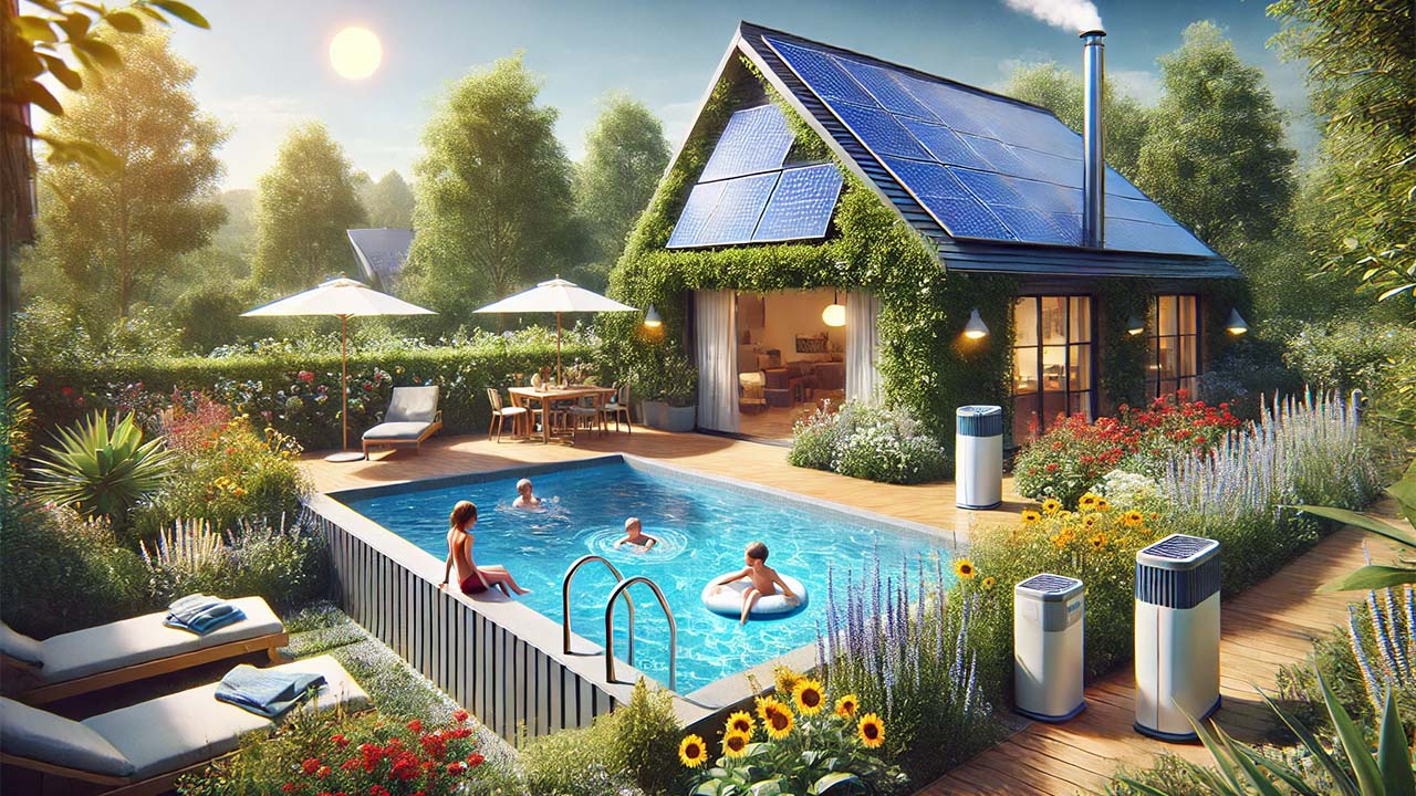 piscine familiale installée dans un jardin ensoleillé avec des plantes et des haies autour. La piscine est équipée d'une bâche solaire et d'un skimmer visible sur un côté. Des enfants jouent dans l'eau tandis que des adultes se détendent sur des chaises longues à proximité.