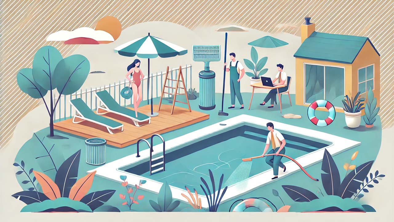 Illustration flat design. Une scène montrant une piscine équipée d'un skimmer, entourée de plantes et d'une haie pour bloquer le vent. Des personnes utilisent une bâche solaire et ajustent la filtration pour limiter la consommation d'eau et d'énergie.