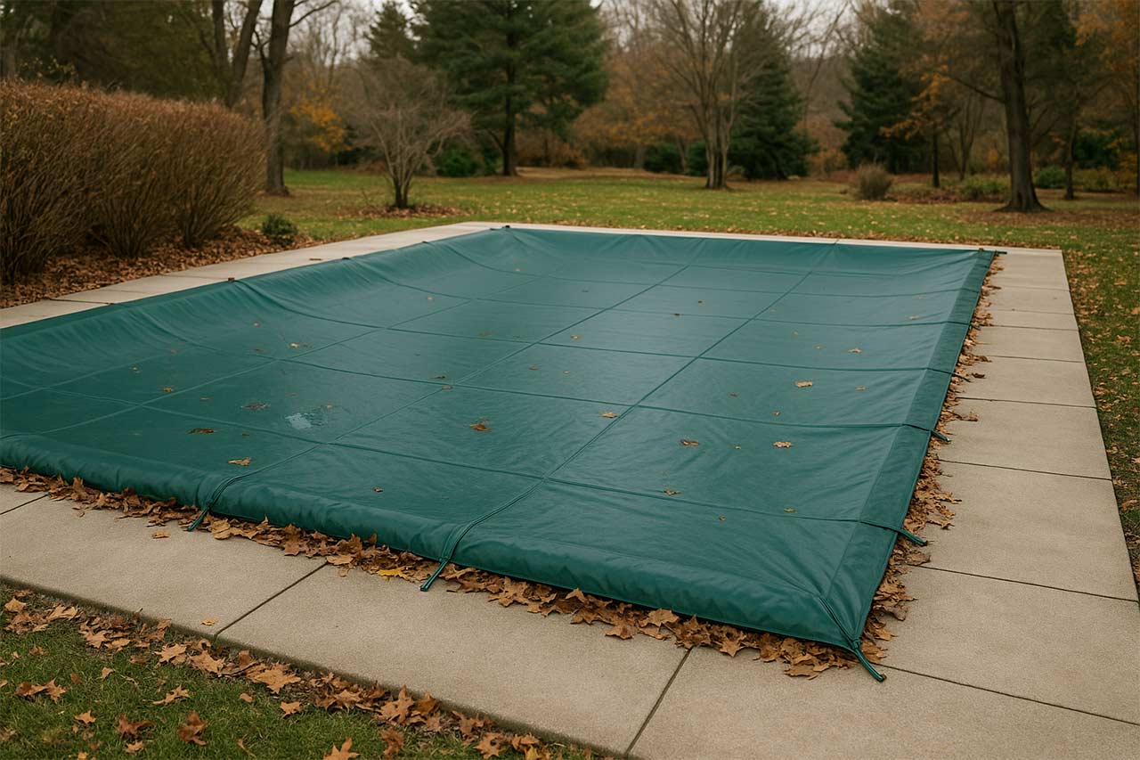 Vue d’un jardin en fin d’automne avec piscine couverte d’une bâche d’hiver, thermomètre indiquant 12–15 °C, margelles propres et matériel rangé