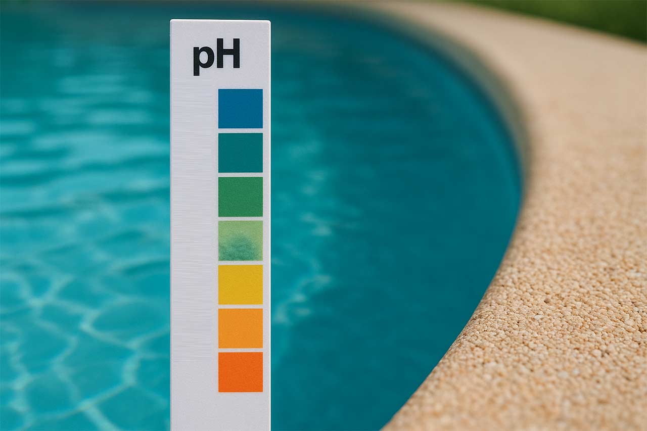 vue d'un bord de piscine avec un indicateur de ph en gros plan