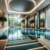 luxueuse piscine intérieure, avec des fenêtres donnant sur un jardin soigné. L'intérieur est moderne et élégant, avec des murs en verre et un éclairage doux