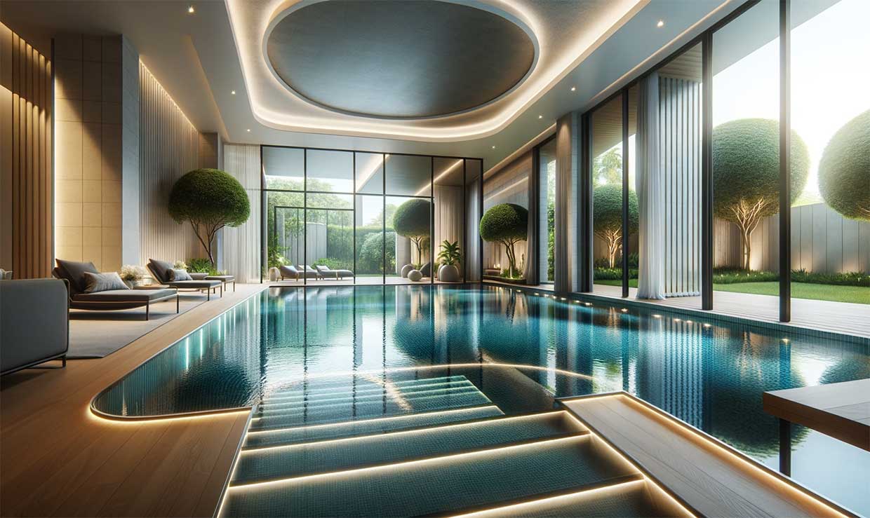 luxueuse piscine intérieure, avec des fenêtres donnant sur un jardin soigné. L'intérieur est moderne et élégant, avec des murs en verre et un éclairage doux