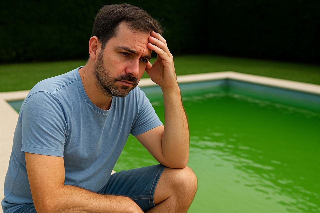 Homme pensif au bord d’une piscine à l’eau verte, portant un t-shirt bleu et un short en jean