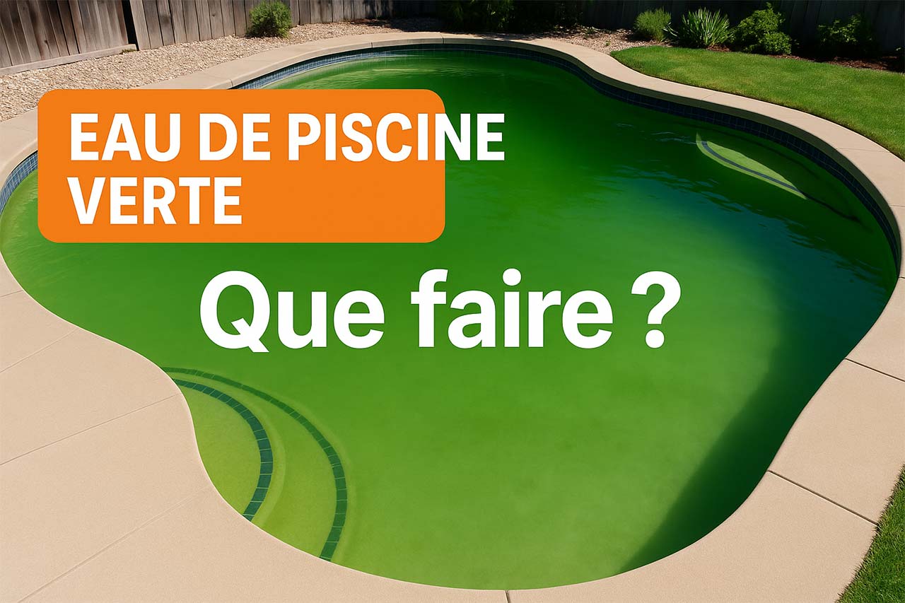 Piscine à l'eau verte en forme libre avec texte orange et blanc : Eau de piscine verte – Que faire ?