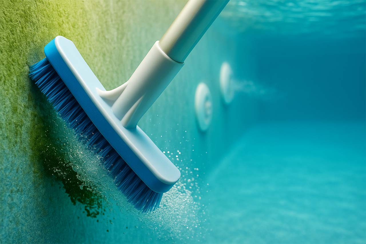 Vue sous-marine d’une brosse bleue frottant une paroi de piscine couverte d’algues vertes, libérant des particules dans l’eau claire