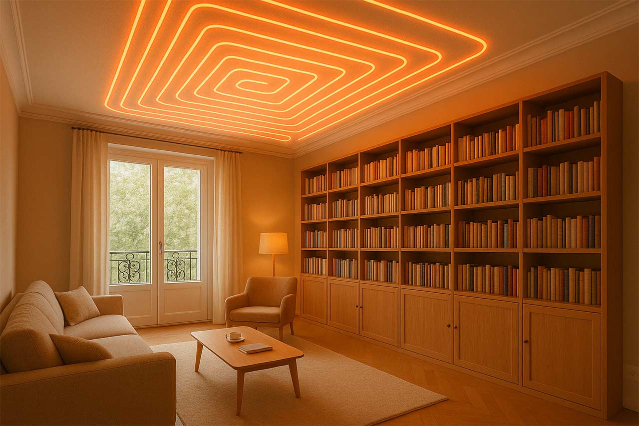 Vue intérieure d’un salon rénové en appartement haussmannien, plafond rayonnant électrique symbolisé derrière un faux plafond
