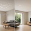 Comparatif visuel avant/après en split-screen : à gauche pièce dure avec courbes d’écho visibles, à droite même pièce avec plafond tendu acoustique et vagues sonores réduites