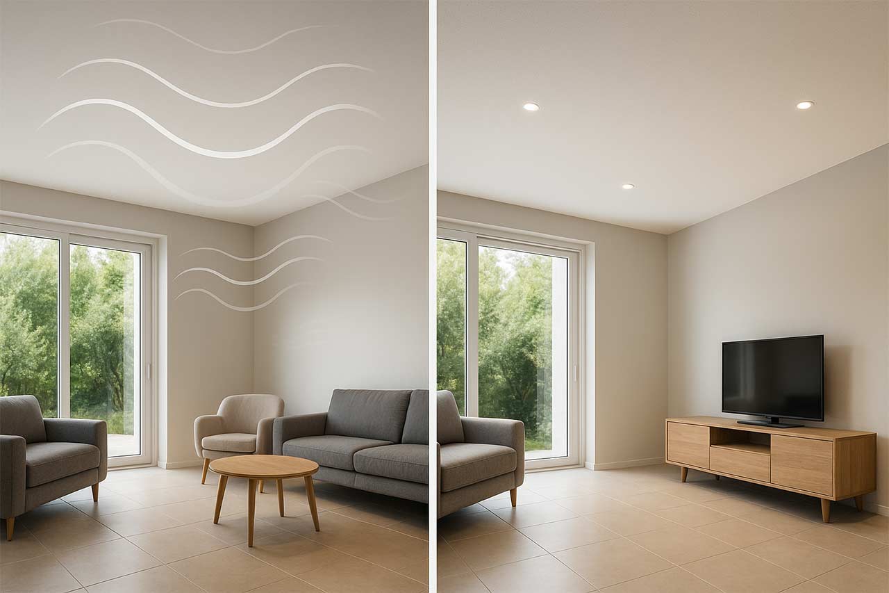 Comparatif visuel avant/après en split-screen : à gauche pièce dure avec courbes d’écho visibles, à droite même pièce avec plafond tendu acoustique et vagues sonores réduites