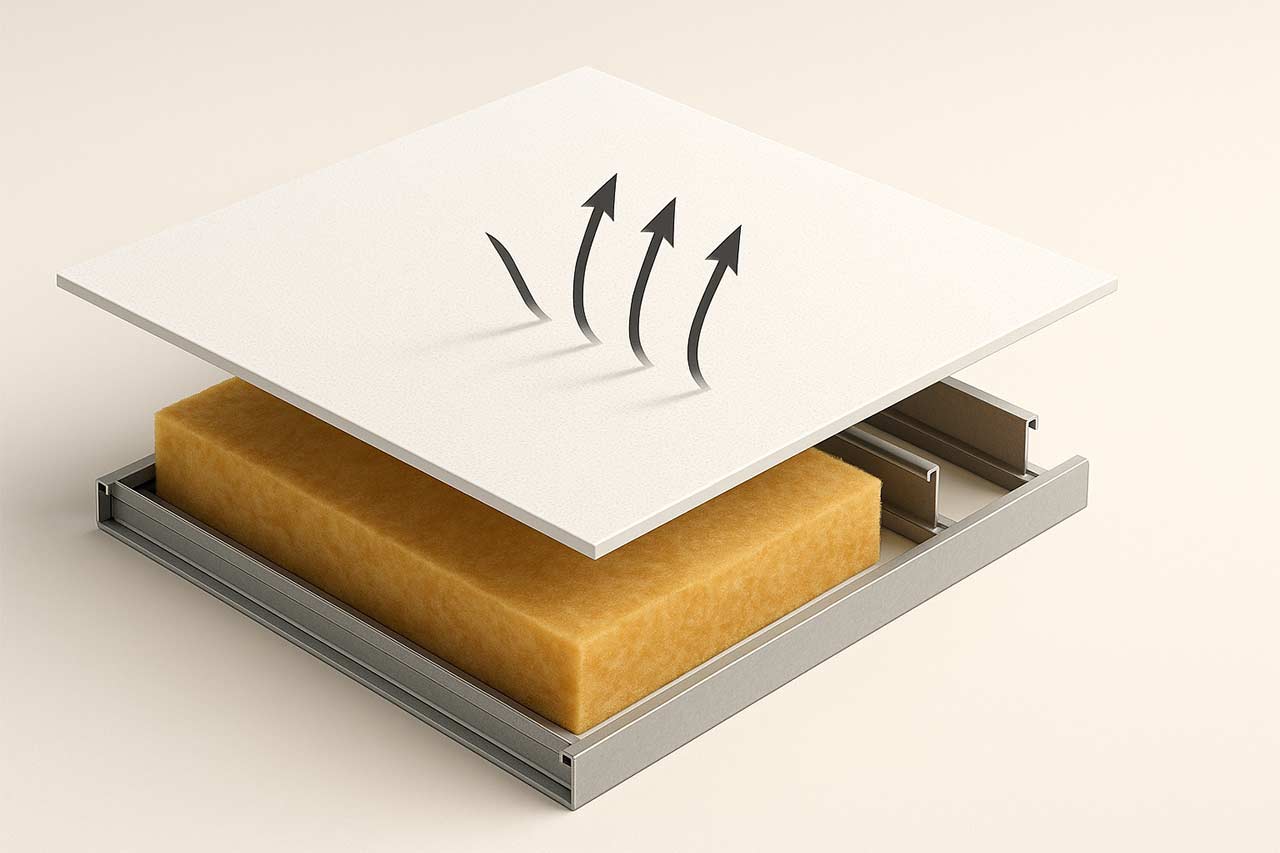 Coupe technique en perspective d’un plafond : toile micro-perforée, couche de laine minérale, plénum et ossature désolidarisée, flèches indiquant l’absorption des ondes