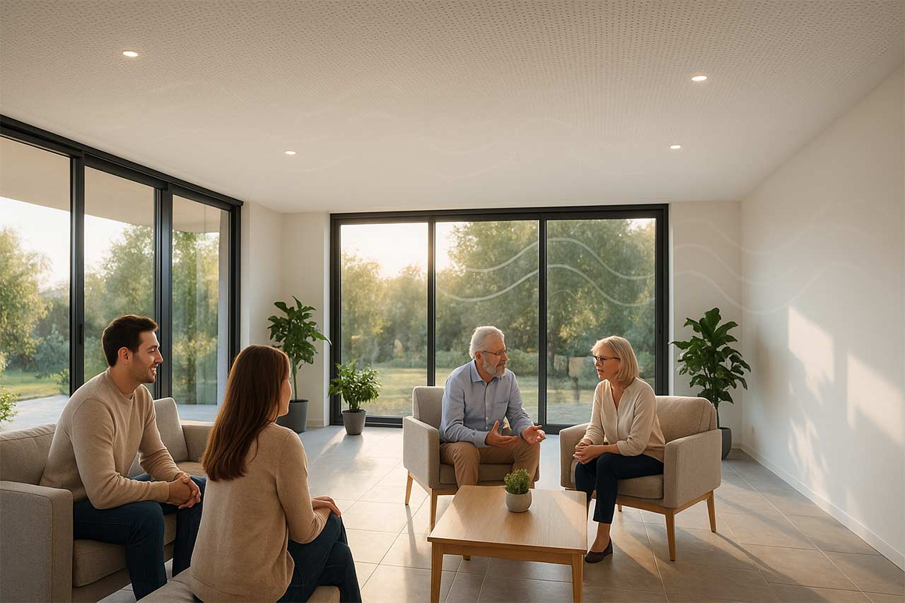 Grand salon lumineux au sol carrelé et larges baies vitrées ; plafond tendu micro-perforé blanc mat avec éclairages discrets, panneaux isolants cachés dans le plénum ; ambiance visuelle apaisée, personnes discutant tranquillement, écho visuellement suggéré par des vagues sonores atténuées