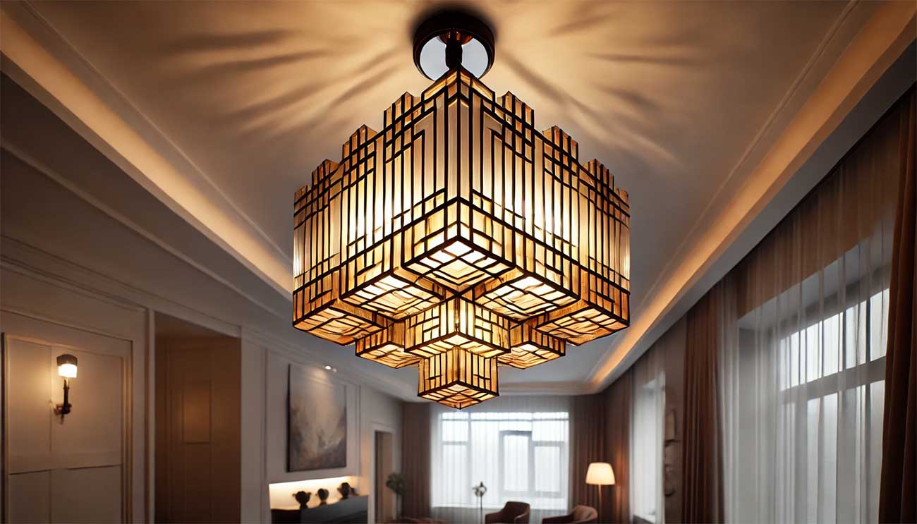 Un lustre Art déco illumine un salon moderne. La perspective est légèrement en contre-plongée, montrant clairement le luminaire géométrique en verre avec un mélange de teintes brunes et jaunes, contrastant avec un plafond blanc. La lumière se diffuse à travers le verre teinté, projetant des ombres douces, créant une atmosphère chaleureuse et élégante qui allie le charme du vintage à une touche de modernité. 