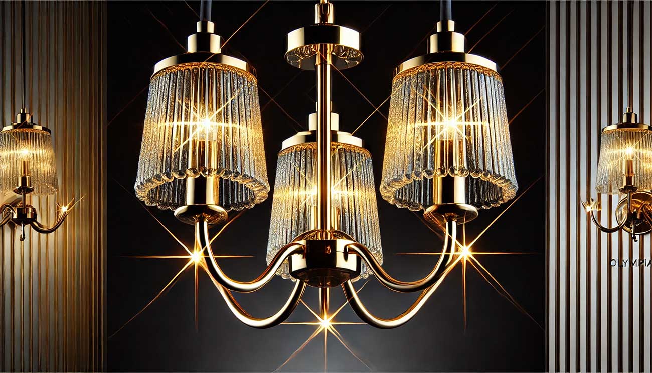  Le lustre comporte trois bras dorés disposés en étoile, chacun tenant un abat-jour en verre texturé. L'interaction entre le métal doré et le verre transparent crée de superbes reflets de lumière sur le fond sombre.