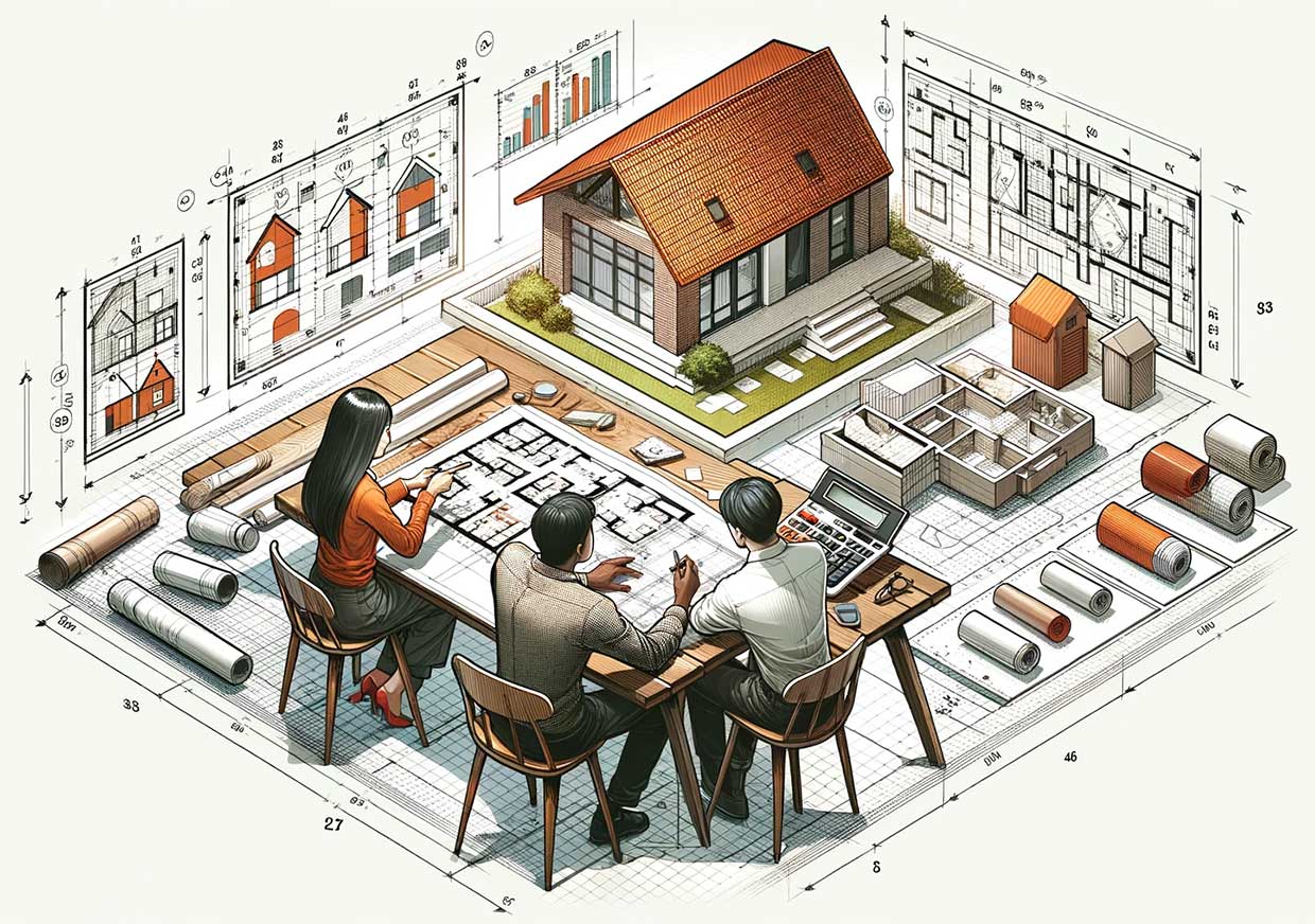 table avec des plans architecturaux d'une extension de maison et une maquette 3D de l'extension. Deux personnes discutent activement des coûts et des matériaux,