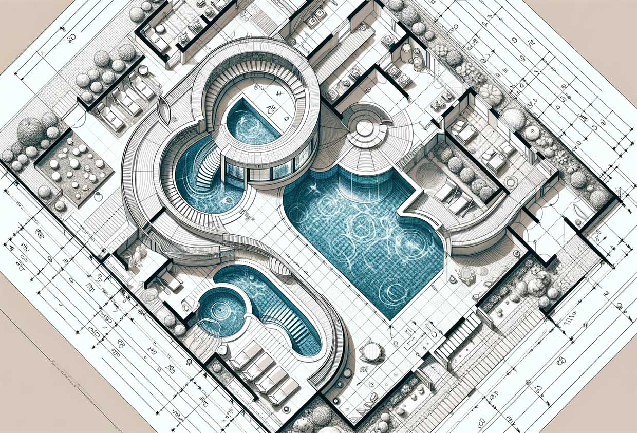 plan architectural détaillé d'une piscine intérieure, montrant différentes sections et mesures, avec un style précis de dessin technique