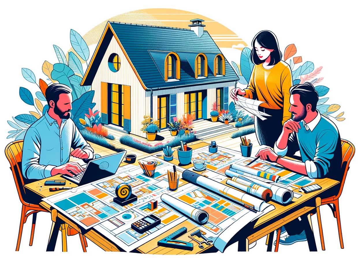 groupe de personnes en train de consulter différents plans et designs d'extension de maison sur une table, avec des échantillons de matériaux