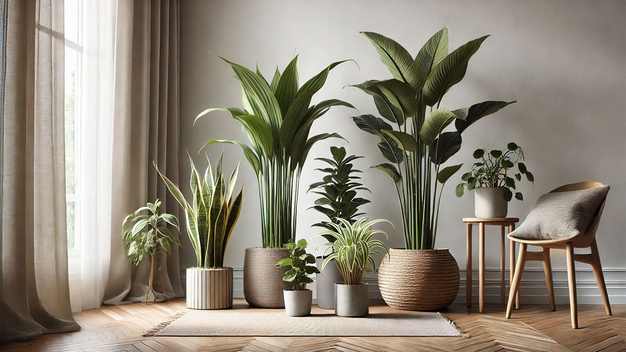Un coin végétal dans une pièce sans fenêtres, avec des plantes comme la calathéa, la sansevieria et le dracaena, disposées dans des pots modernes. Ces plantes tolèrent la faible lumière et ajoutent de la fraîcheur à l'espace, sans aucune fenêtre visible dans la pièce.