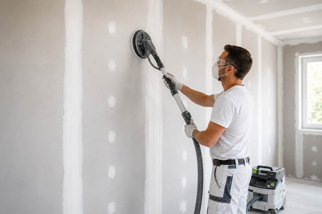Plaquiste ponçant un mur en plaques de plâtre avec une ponceuse reliée à un aspirateur.