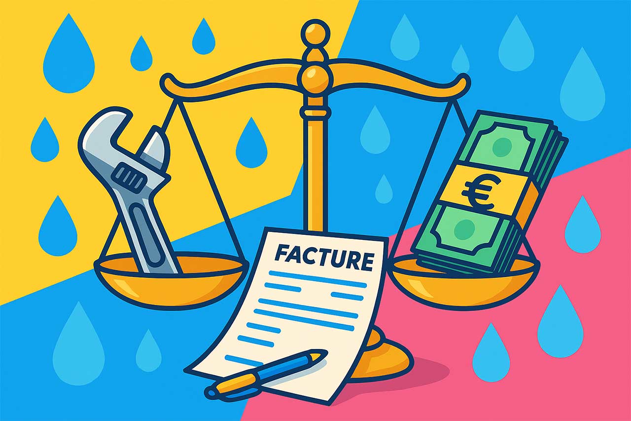 Scène colorée et dynamique : balance de justice pesant d’un côté une clé à molette et de l’autre une liasse de billets, gouttes d’eau stylisées en arrière-plan