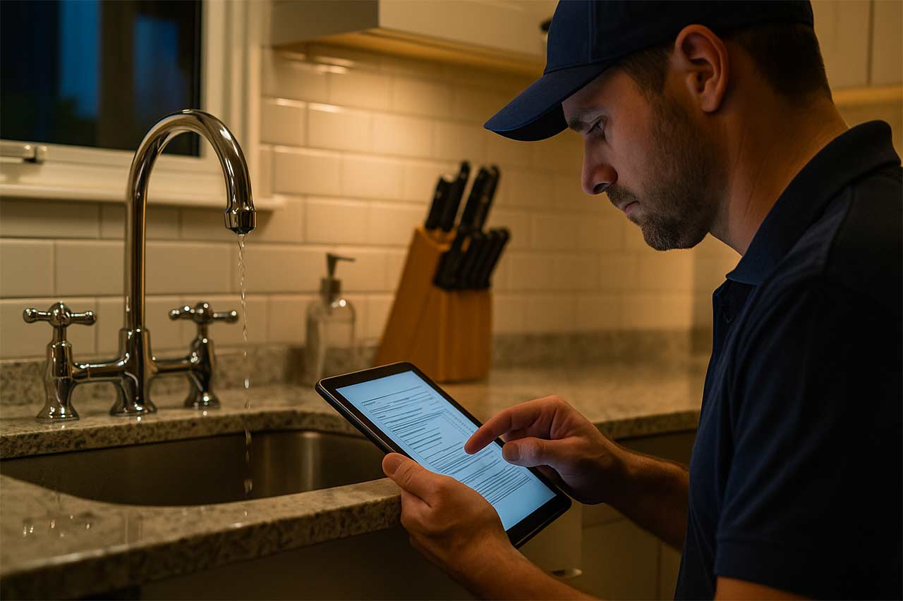 Cuisine moderne en soirée avec évier qui fuit légèrement, robinets et tuyaux apparents, artisan plombier en tenue neutre examinant un devis sur tablette
