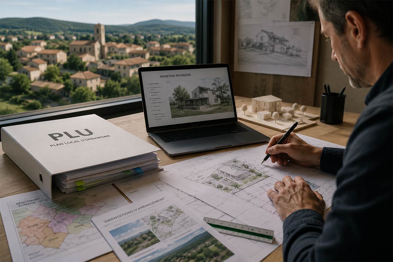 Architecte analysant un projet de maison bloqué par le PLU