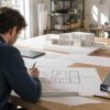Un architecte analyse un plan de maison, un extrait de zonage et un dossier PLU sur une table de travail
