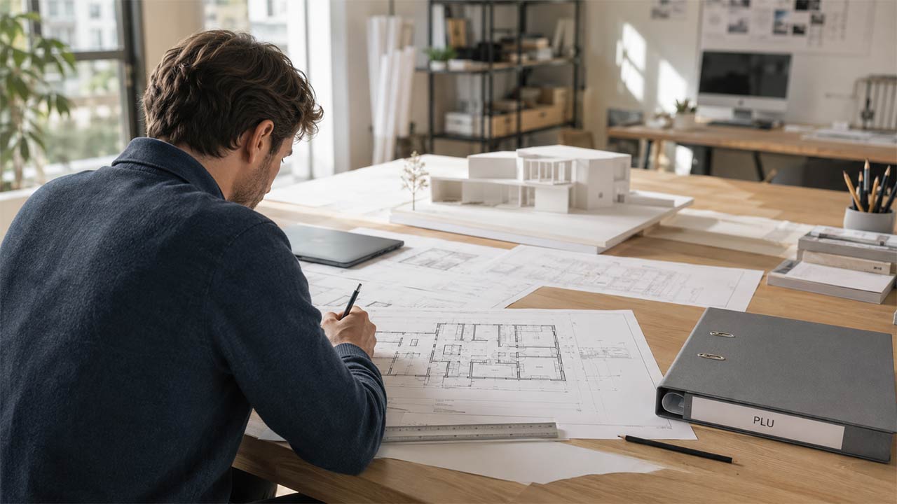 Un architecte analyse un plan de maison, un extrait de zonage et un dossier PLU sur une table de travail