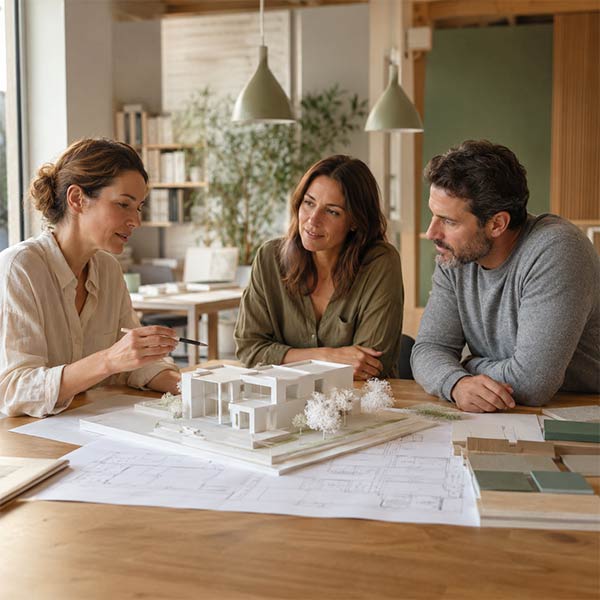 femme architecte présentant une variante de projet à des propriétaires