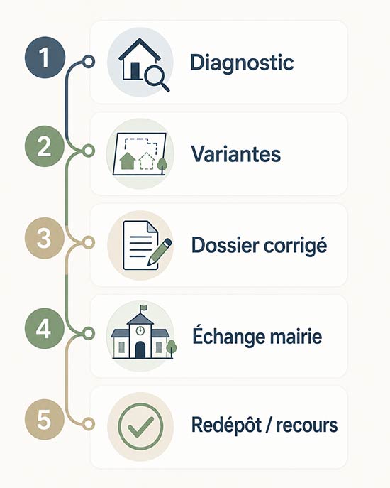 infographie vectorielle présentant les Étapes pour relancer un projet bloqué par le PLU