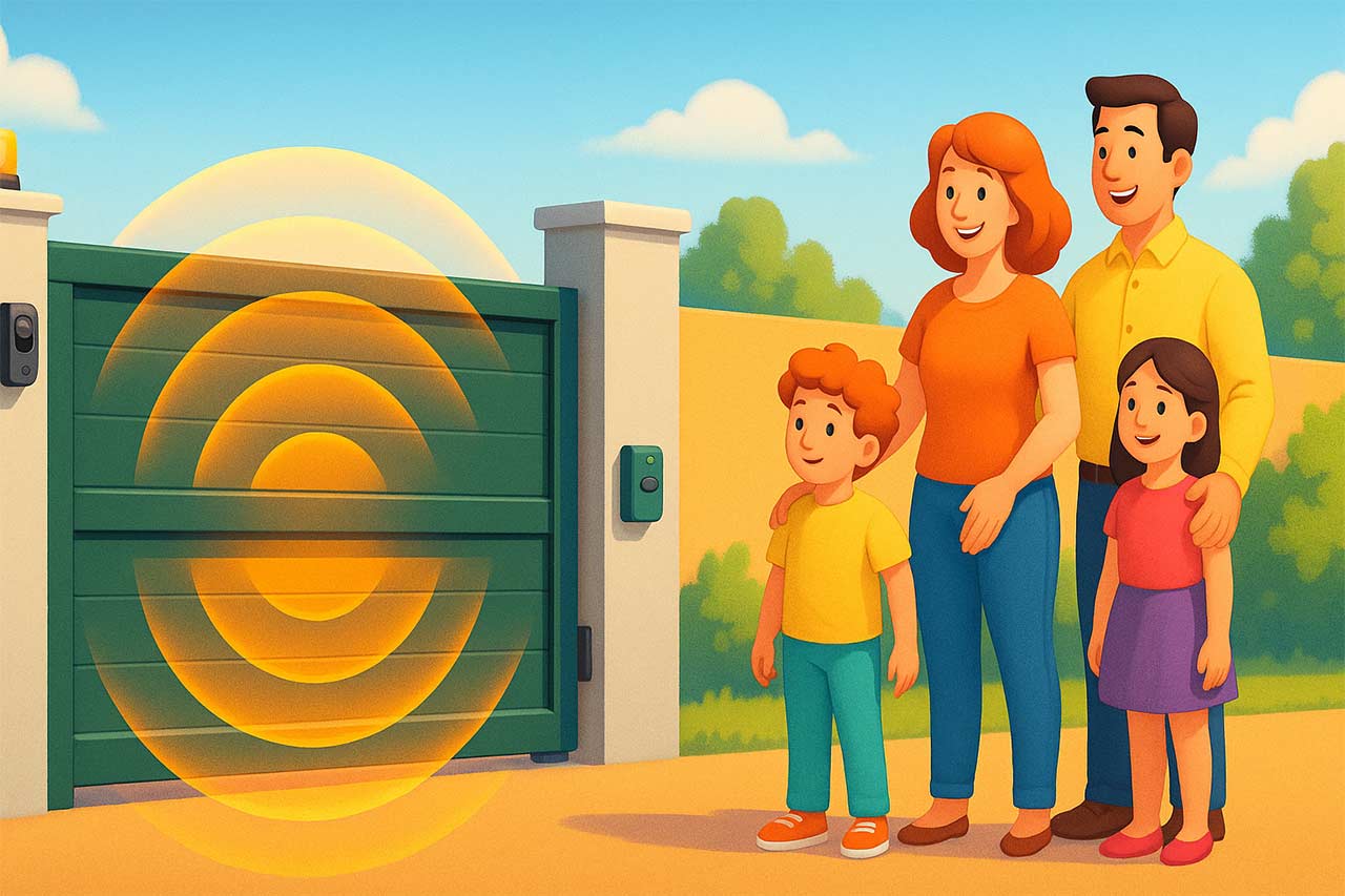 Illustration 3D au format paysage d’une famille souriante debout à distance sûre d’un portail automatisé, avec halos lumineux symbolisant la zone de détection et un enfant tenant la main d’un parent