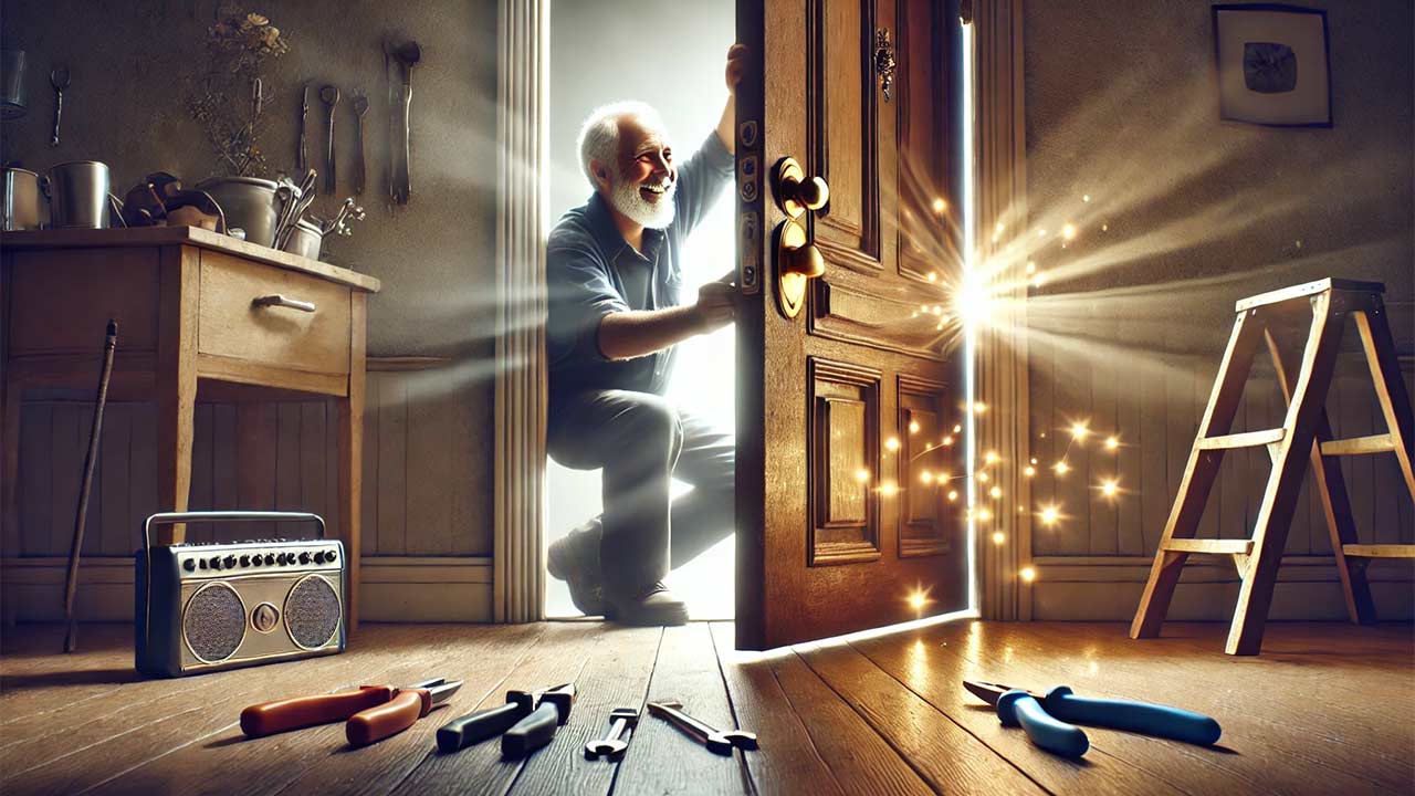 scène montrant une porte récemment réparée, avec une nouvelle serrure brillante, une personne souriante refermant doucement la porte, et des outils rangés à côté.