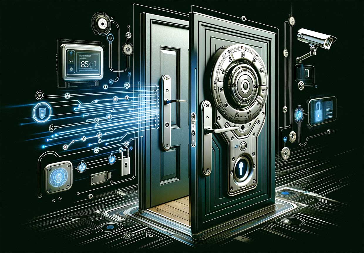 porte d'entrée moderne avec une serrure à code numérique, entourée de technologies de sécurité comme une plaque de renforcement en métal, un verrou à pêne dormant