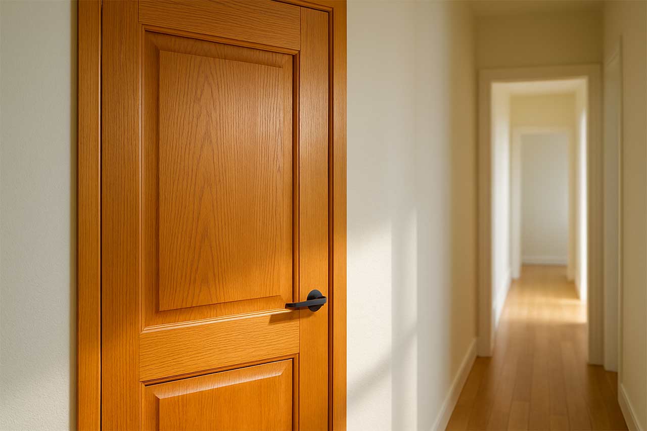 Porte intérieure en chêne, teinte miel homogène et vernis satiné, veinage bien visible sous lumière rasante dans un couloir lumineux.