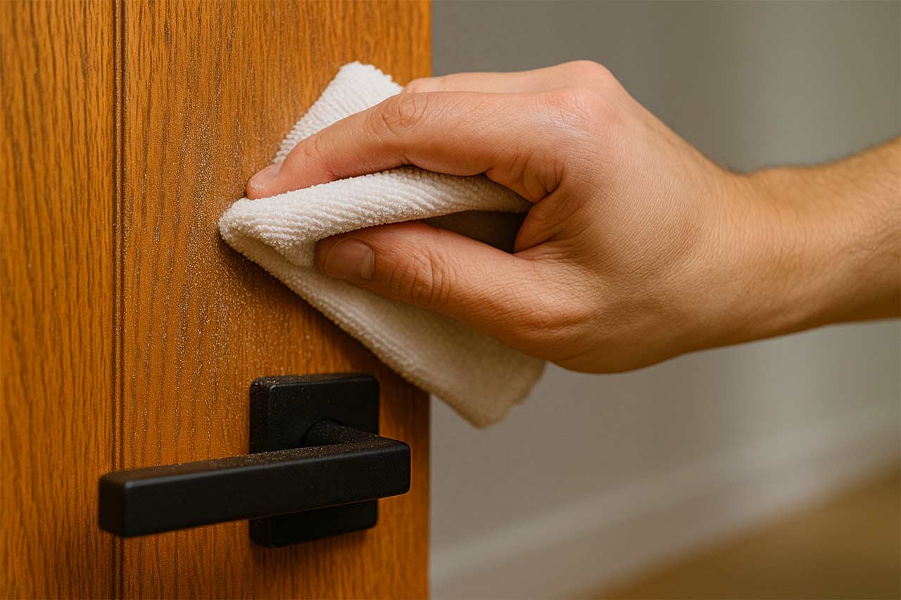 Main égrenant une porte teintée entre deux couches de vernis, poussière fine essuyée au chiffon microfibre, gros plan sur le grain du bois.