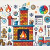Illustration vectorielle simple aux couleurs vives sur fond blanc résumant la préparation de la cheminée pour l'hiver. L'image montre des éléments clés : une cheminée en briques, une personne qui nettoie le foyer, des bûches de bois et des outils pour l'inspection et l'entretien. Des icônes lumineuses représentent le feu, la fumée et le flux d'air, ainsi que des éléments de sécurité tels qu'un chapeau de cheminée et une liste de contrôle pour l'inspection.