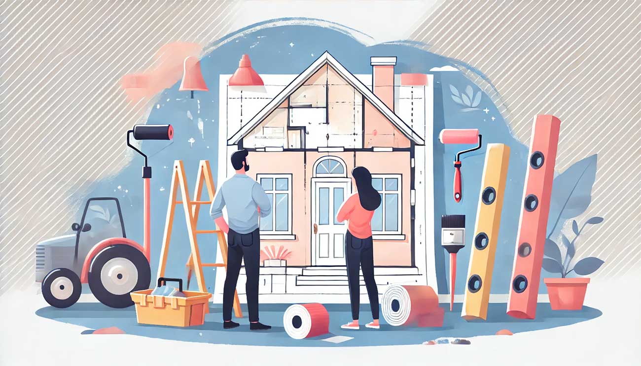 Un couple observe un plan de maison, avec des éléments de rénovation comme une toiture et des outils autour d'eux, évoquant des travaux et un prêt immobilier.