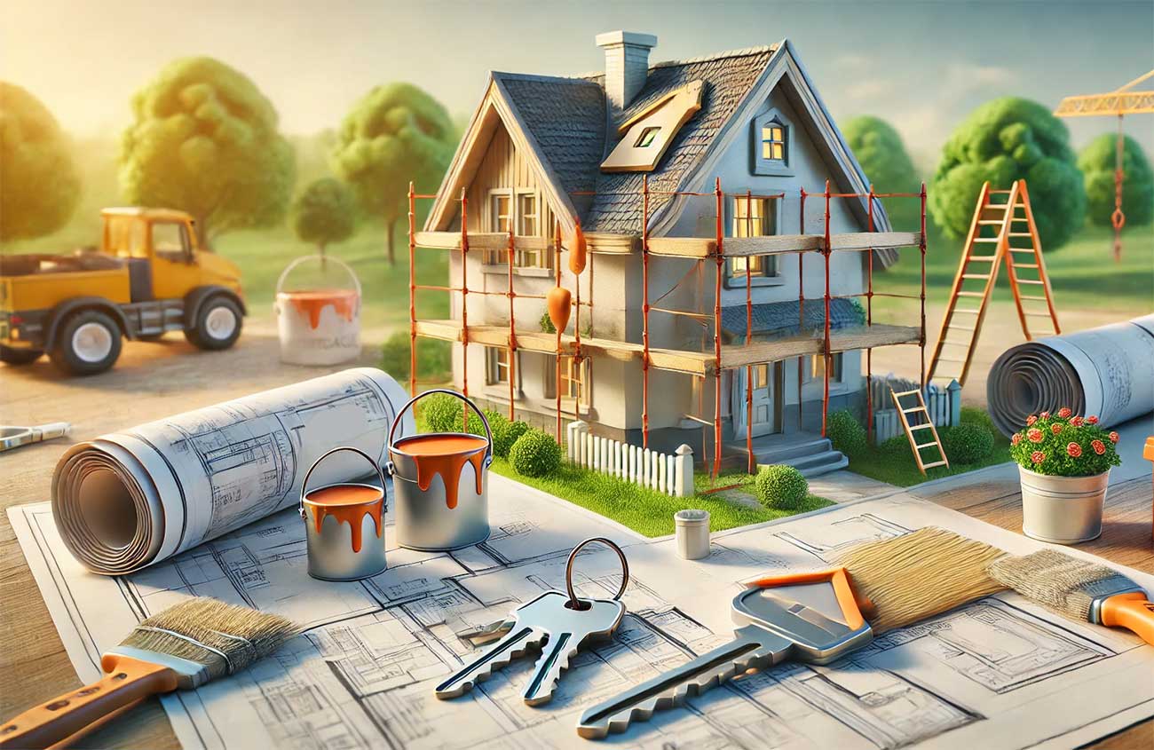 maison en cours de rénovation complète avec des échafaudages, des artisans travaillant activement sur le toit et à l’intérieur, et des jardiniers aménageant les espaces extérieurs. Au premier plan, une table avec un contrat de prêt bancaire, une calculatrice et des plans de construction soigneusement disposés