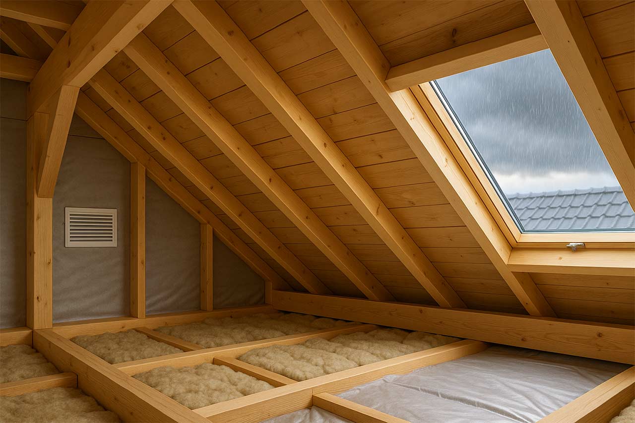 Charpente en bois clair dans des combles ventilés avec isolant correctement disposé et lumière naturelle
