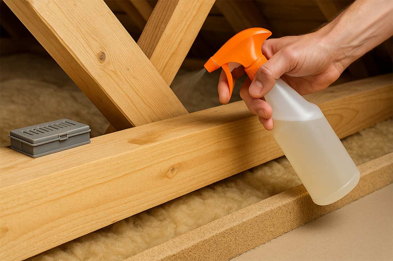 Main appliquant une solution préventive sur un chevron près d’un piège de monitoring et d’une barrière anti-termites