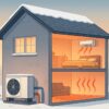 Coupe d’une maison moderne montrant une pompe à chaleur qui prélève la chaleur de l’air extérieur pour alimenter un plancher chauffant et des unités intérieures