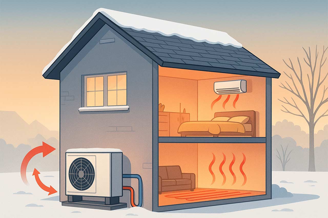 Coupe d’une maison moderne montrant une pompe à chaleur qui prélève la chaleur de l’air extérieur pour alimenter un plancher chauffant et des unités intérieures