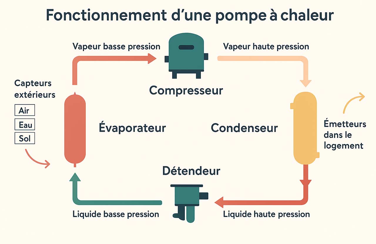 schéma du fonctionnement d'une PAC aérothermique