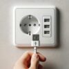 main tenant un câble USB blanc dont l'extrémité, un connecteur USB de type A, est proche d'une prise murale. La prise est de couleur blanche et montée sur un mur texturé de manière subtile. Elle comprend une prise de courant standard européenne au centre avec deux orifices ronds pour les broches du connecteur, entourée par un cadre rectangulaire. À droite de la prise de courant, il y a deux ports USB destinés à la charge de dispositifs électroniques