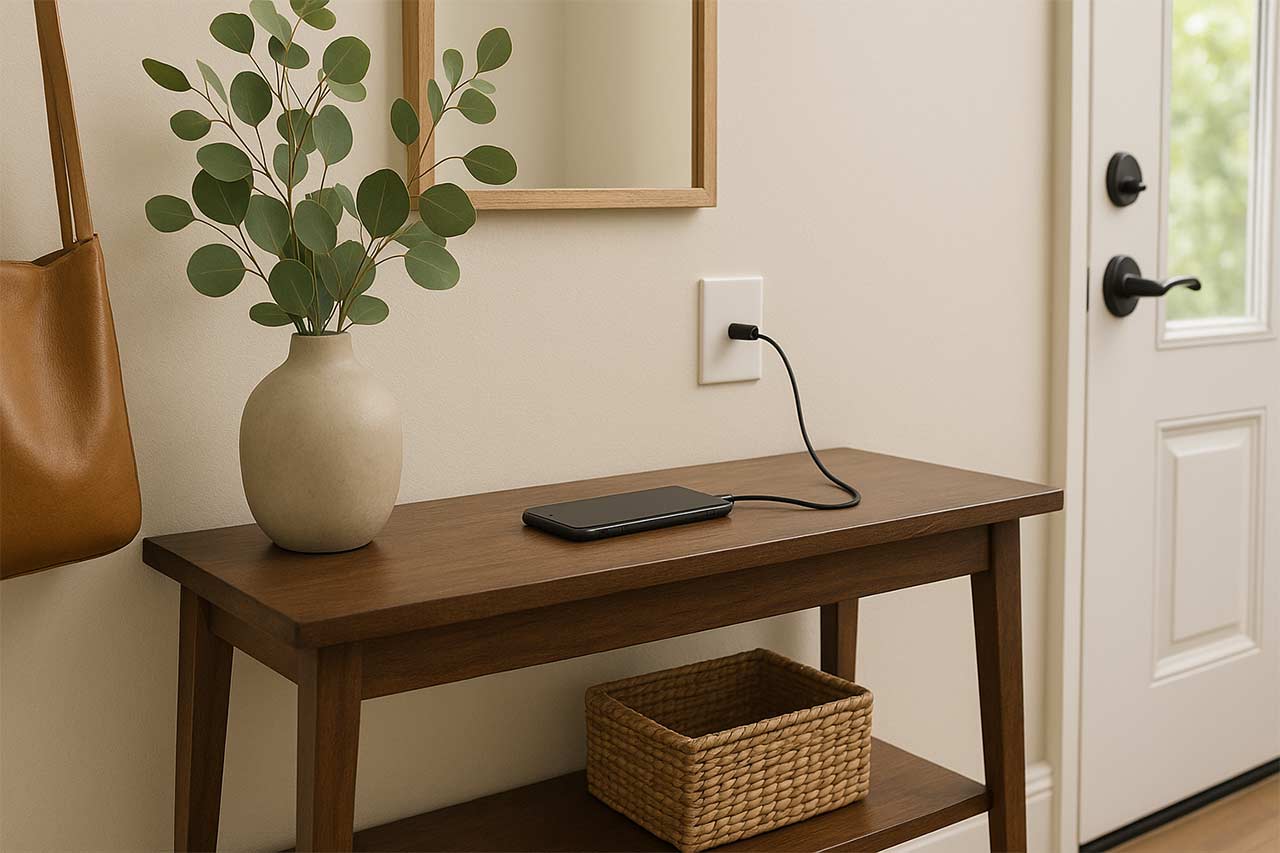 photo d’une entrée contemporaine avec vide-poches, smartphone posé et prise murale USB-C accessible à hauteur de main