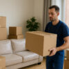Intérieur lumineux en cours d’emballage : déménageur portant un grand carton, canapé protégé sous plastique, piles de cartons et plante près de la fenêtre.