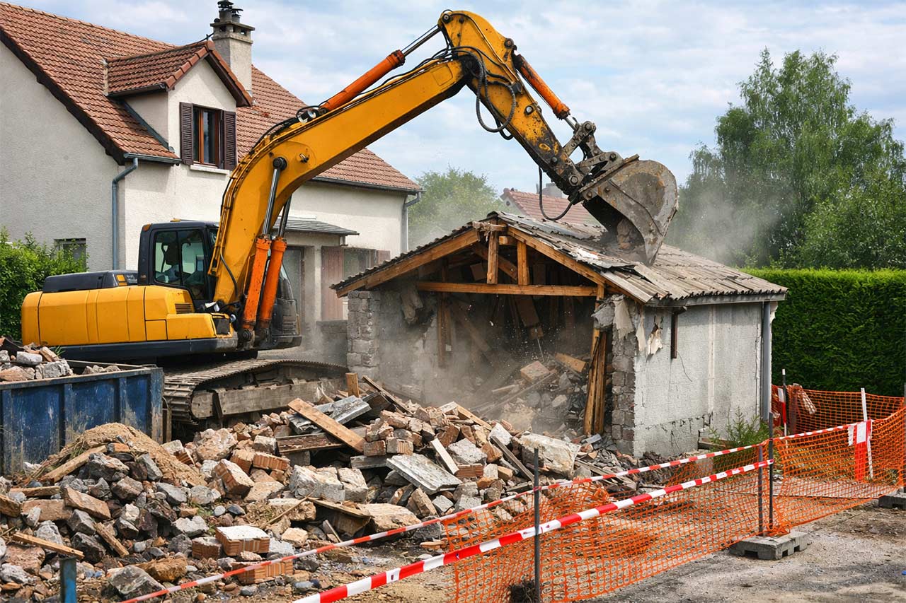 Mini-pelle démolissant un petit garage avec gravats et barrières de chantier