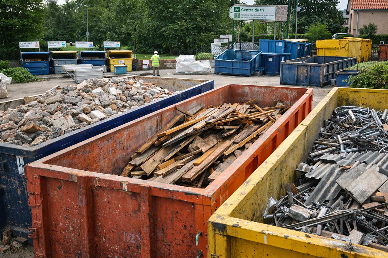 Bennes de tri pour gravats, bois et métal dans un centre de recyclage de chantier