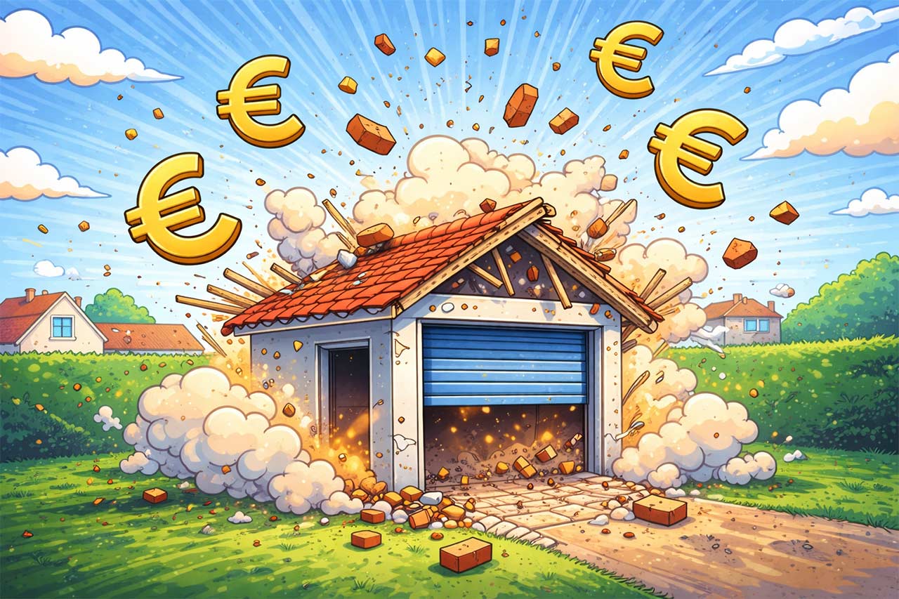 Illustration cartoon d’un garage qui explose en nuage de poussière et débris colorés