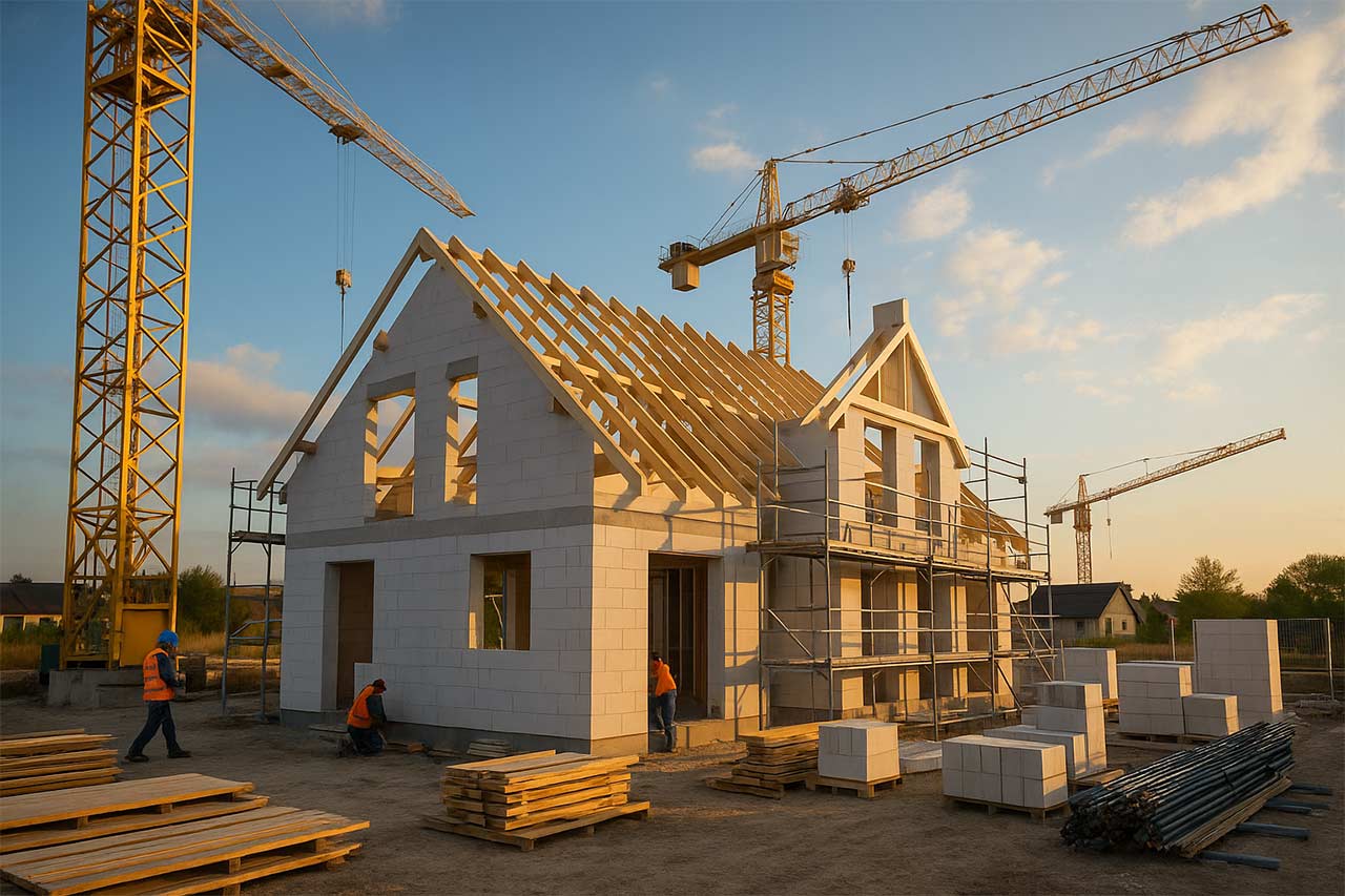 Panorama d’un chantier de maison individuelle moderne, charpente en cours, grues, ouvriers équipés EPI, lumière dorée de fin de journée